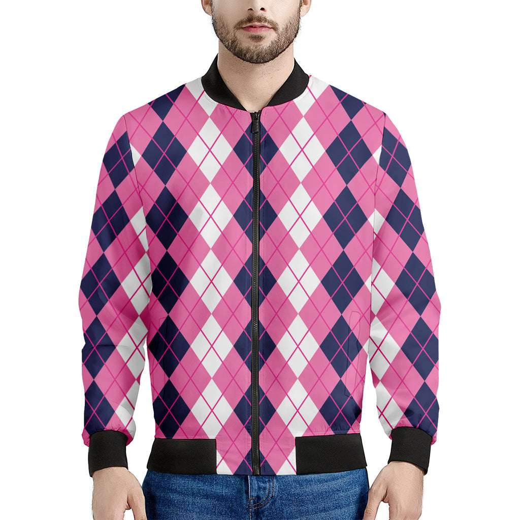 Pink White And Blue Argyle Pattern Print Men's Bomber Jacket