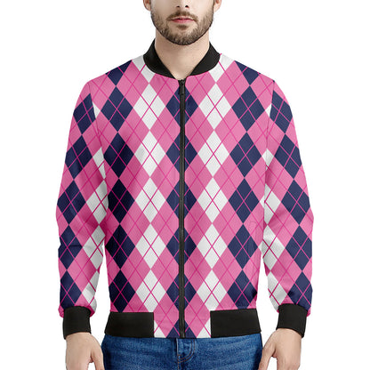 Pink White And Blue Argyle Pattern Print Men's Bomber Jacket