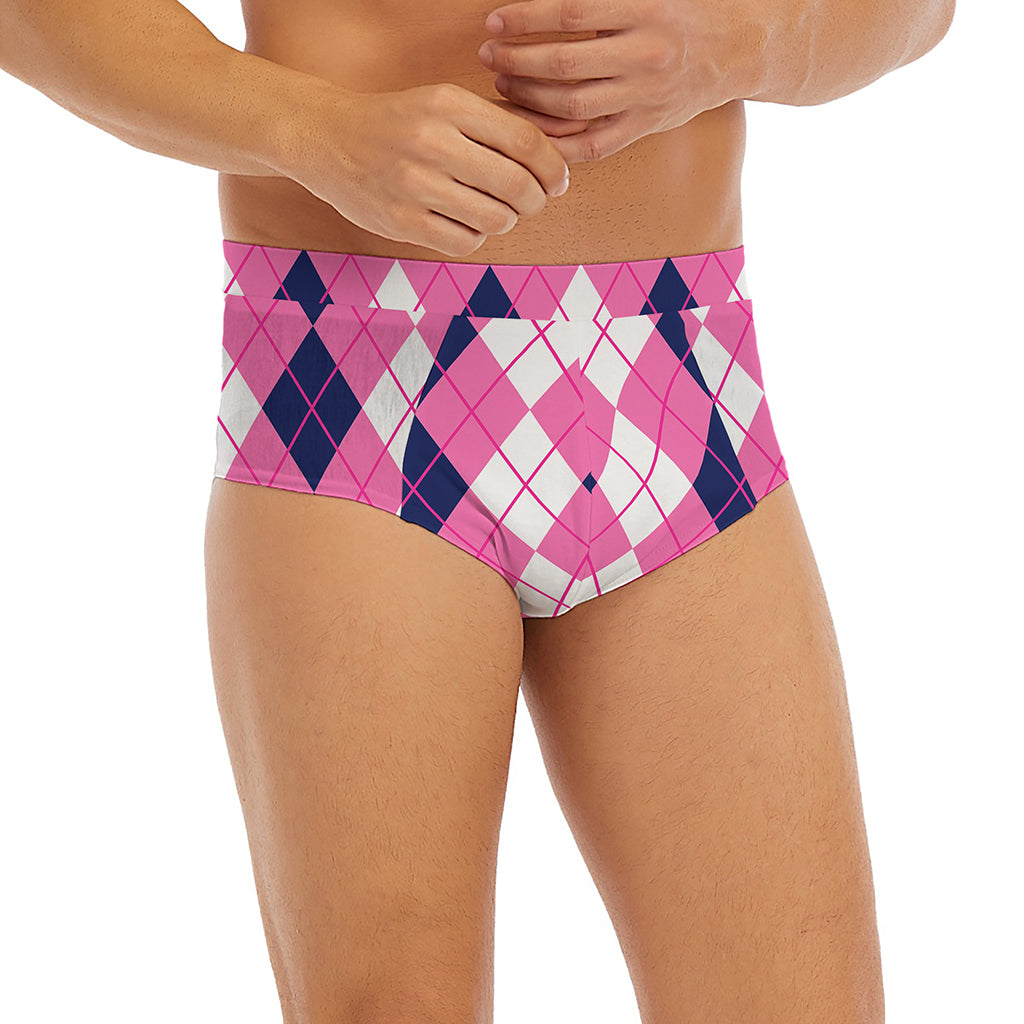 Pink White And Blue Argyle Pattern Print Men's Briefs