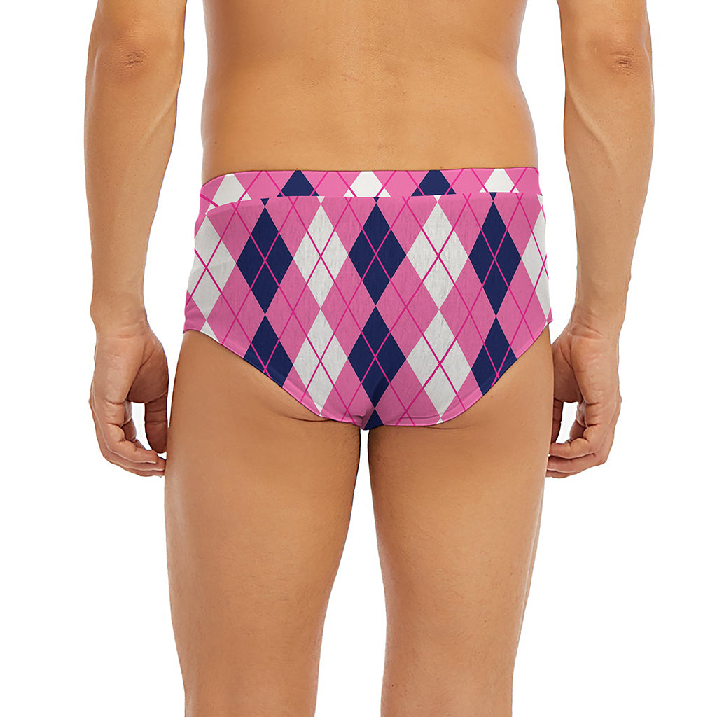 Pink White And Blue Argyle Pattern Print Men's Briefs
