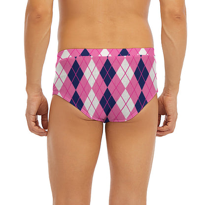 Pink White And Blue Argyle Pattern Print Men's Briefs