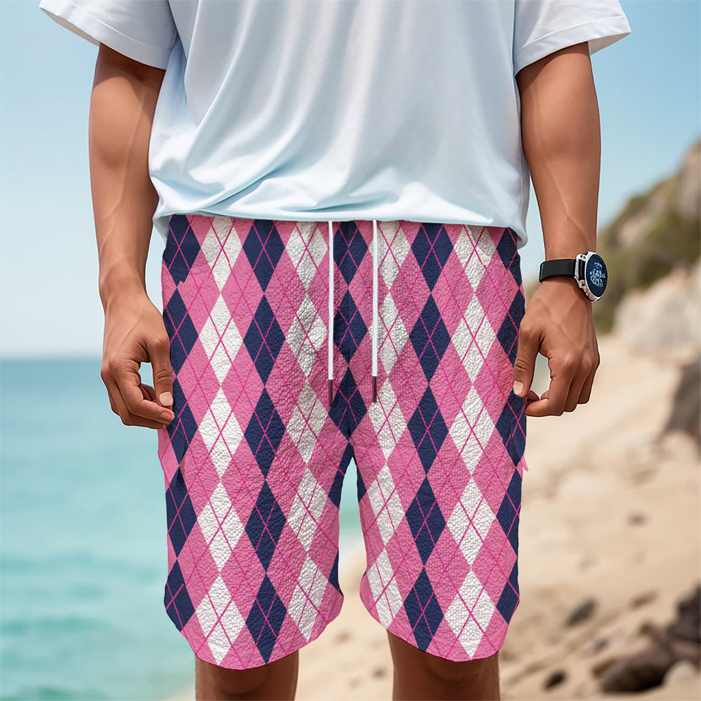Pink White And Blue Argyle Pattern Print Men's Cargo Shorts