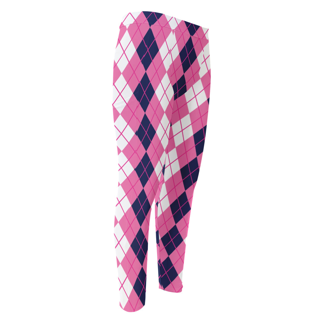 Pink White And Blue Argyle Pattern Print Men's Compression Pants