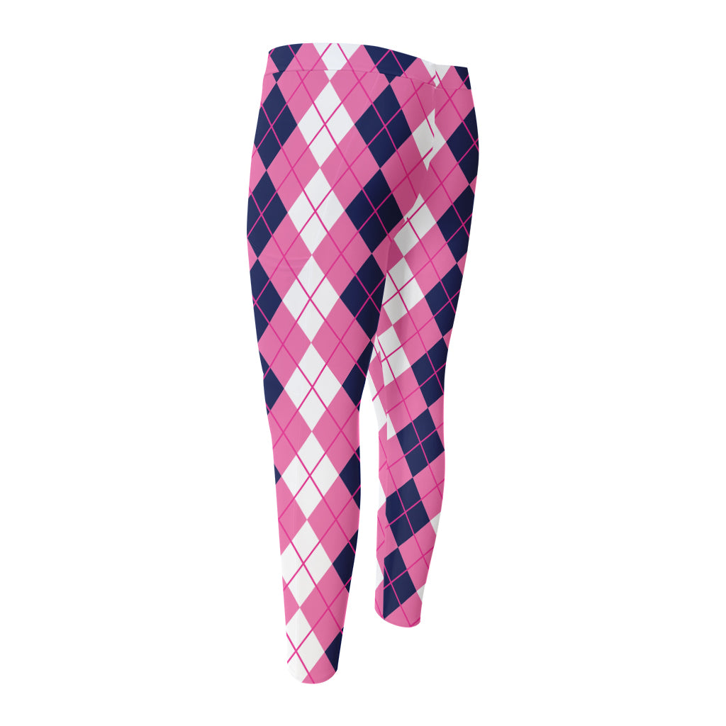 Pink White And Blue Argyle Pattern Print Men's Compression Pants