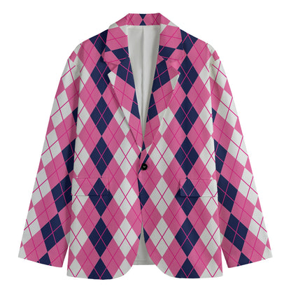 Pink White And Blue Argyle Pattern Print Men's Cotton Blazer