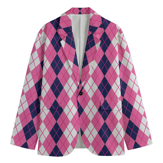 Pink White And Blue Argyle Pattern Print Men's Cotton Blazer