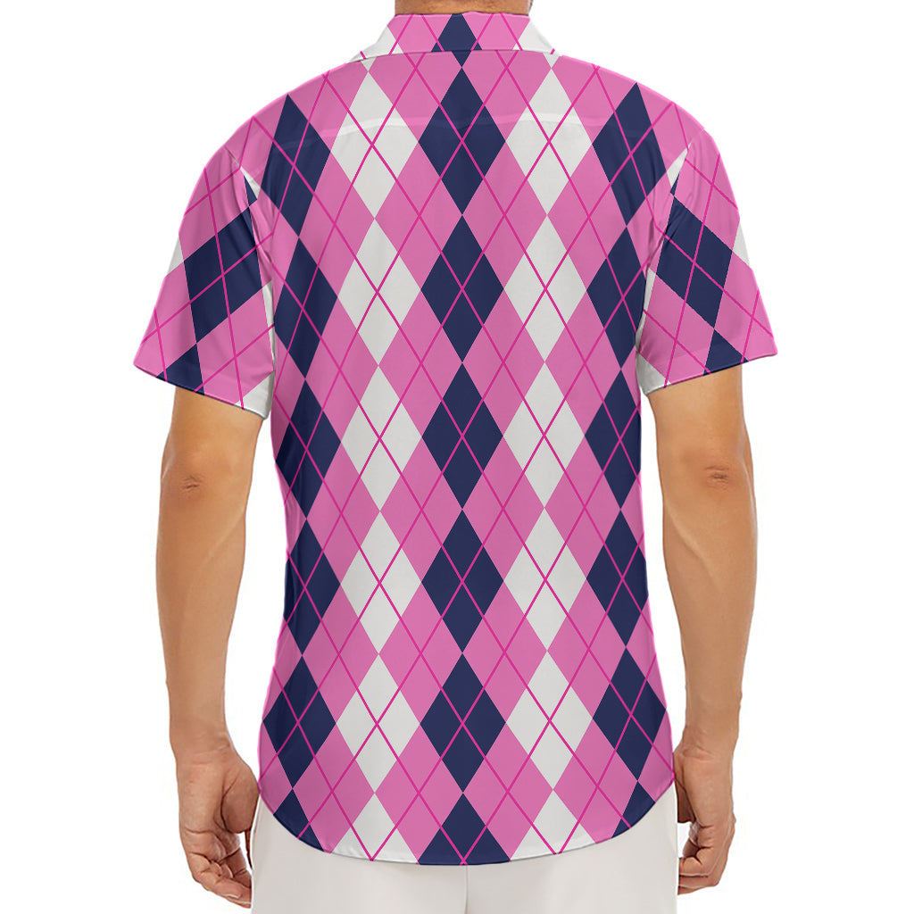 Pink White And Blue Argyle Pattern Print Men's Deep V-Neck Shirt