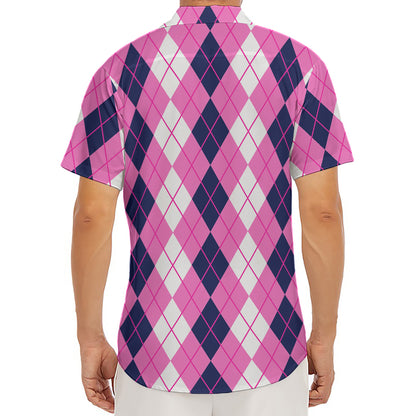 Pink White And Blue Argyle Pattern Print Men's Deep V-Neck Shirt