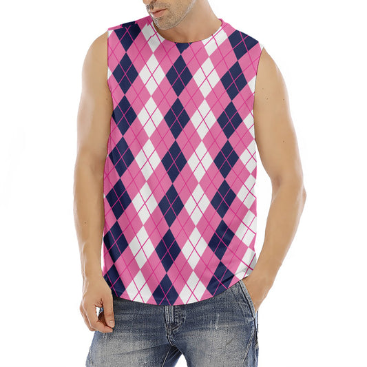 Pink White And Blue Argyle Pattern Print Men's Fitness Tank Top