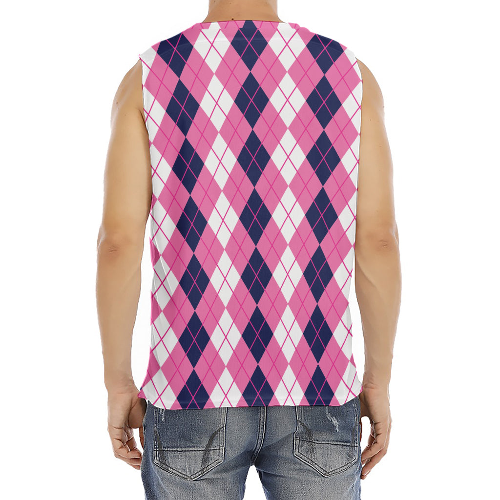 Pink White And Blue Argyle Pattern Print Men's Fitness Tank Top
