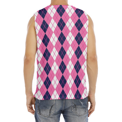Pink White And Blue Argyle Pattern Print Men's Fitness Tank Top