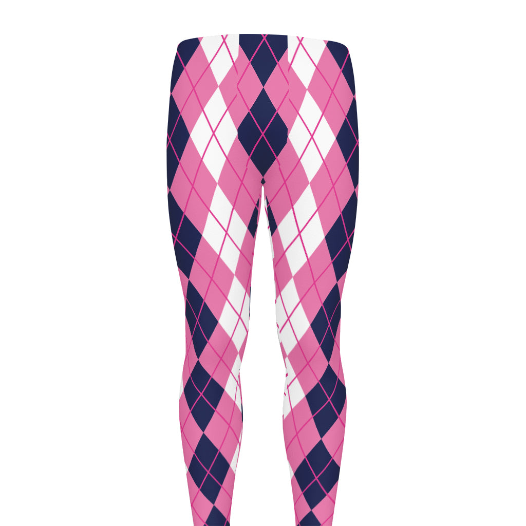 Pink White And Blue Argyle Pattern Print Men's leggings