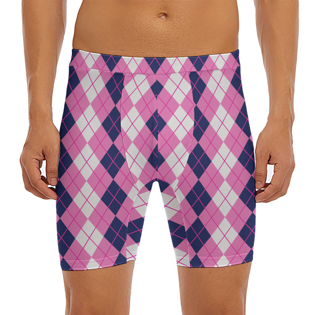 Pink White And Blue Argyle Pattern Print Men's Long Boxer Briefs