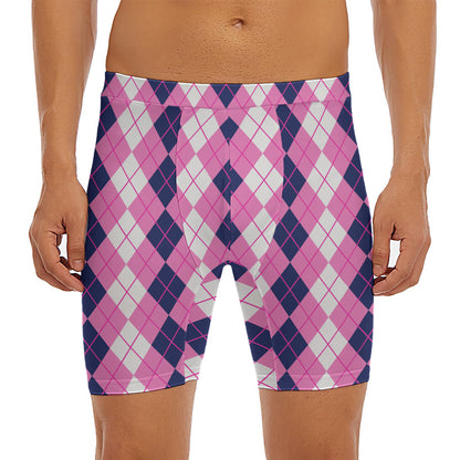 Pink White And Blue Argyle Pattern Print Men's Long Boxer Briefs