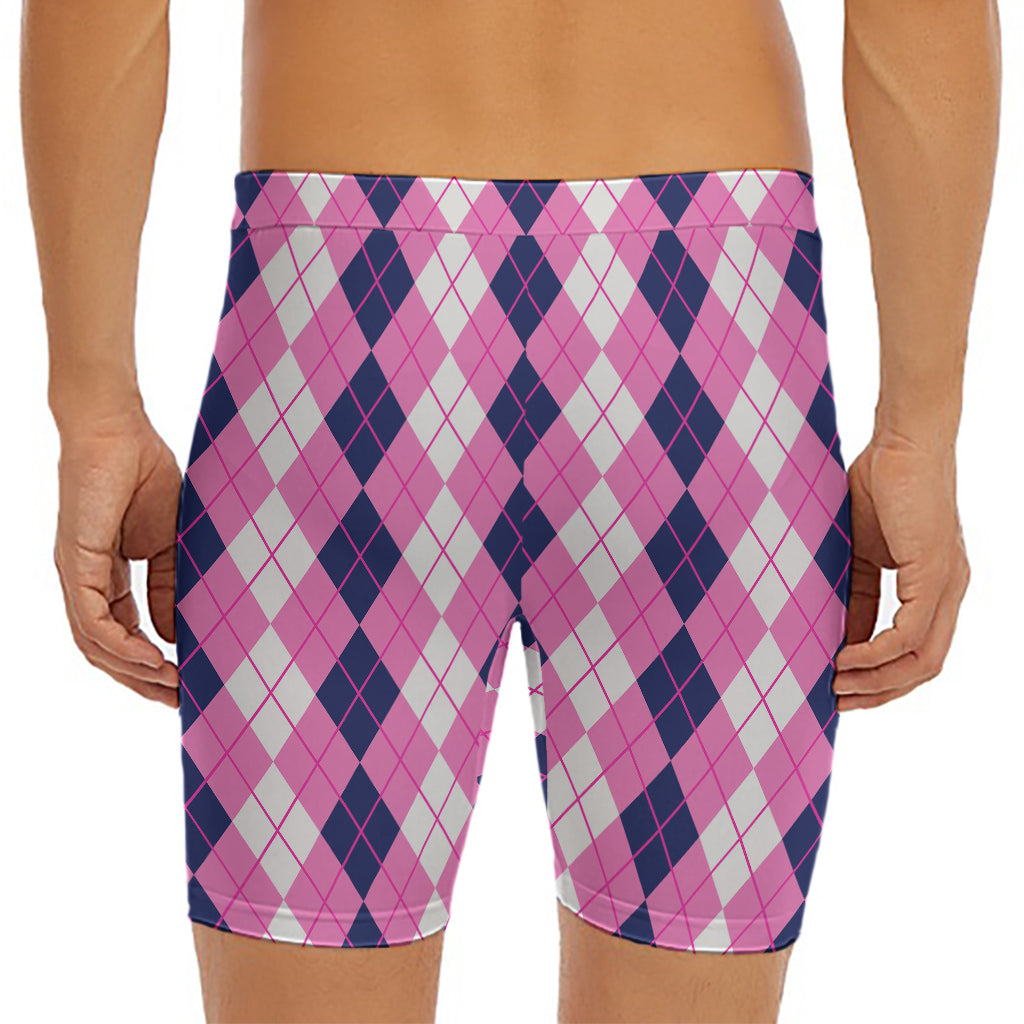 Pink White And Blue Argyle Pattern Print Men's Long Boxer Briefs