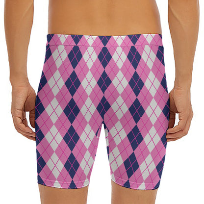 Pink White And Blue Argyle Pattern Print Men's Long Boxer Briefs