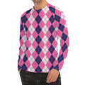 Pink White And Blue Argyle Pattern Print Men's Long Sleeve Rash Guard