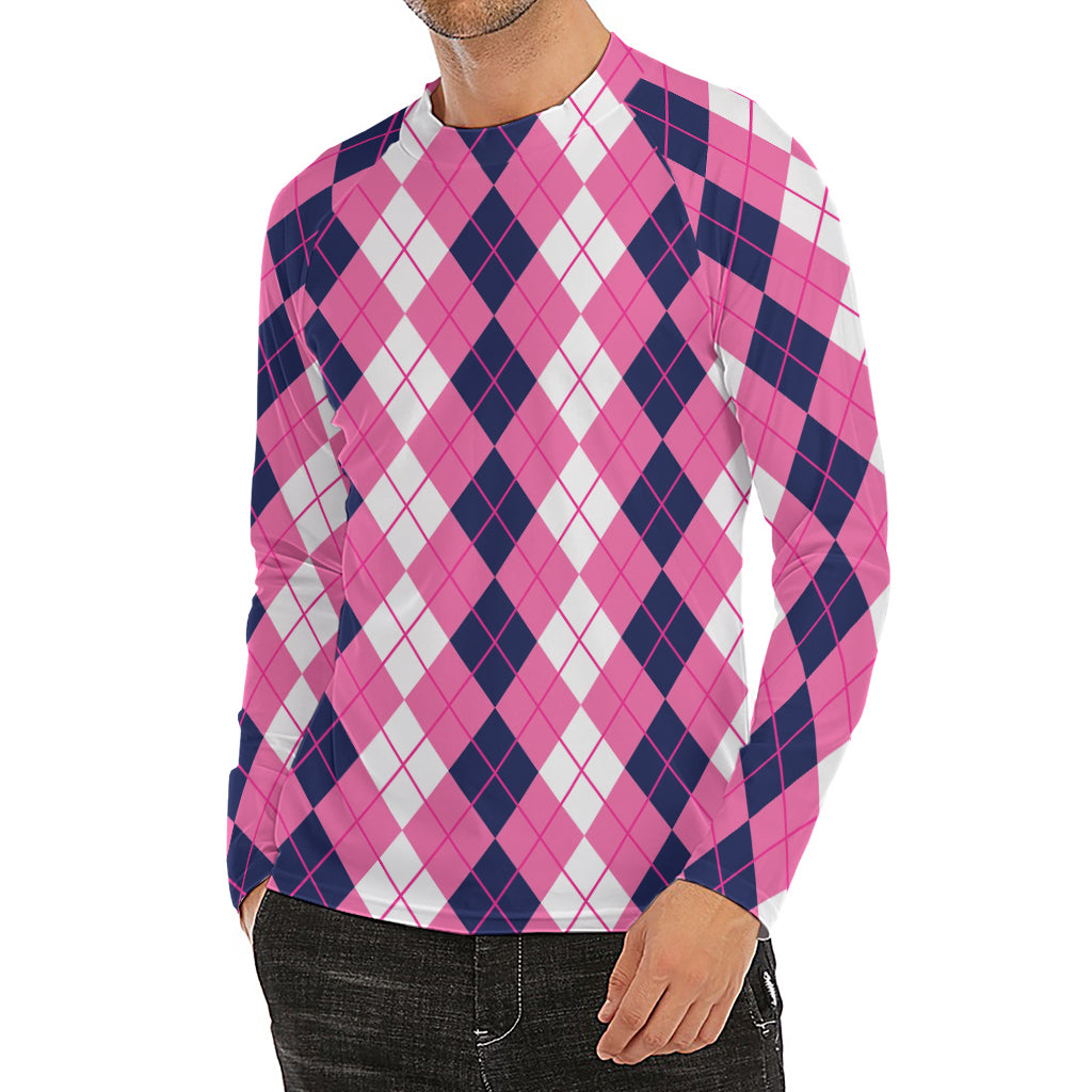 Pink White And Blue Argyle Pattern Print Men's Long Sleeve Rash Guard