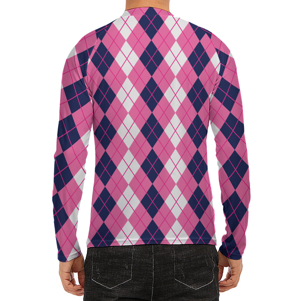 Pink White And Blue Argyle Pattern Print Men's Long Sleeve Rash Guard