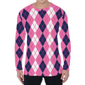 Pink White And Blue Argyle Pattern Print Men's Long Sleeve T-Shirt