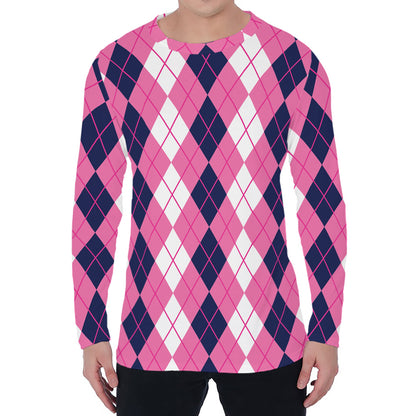 Pink White And Blue Argyle Pattern Print Men's Long Sleeve T-Shirt