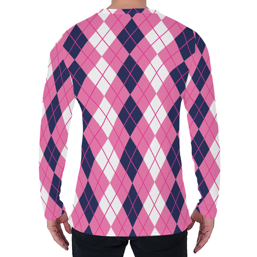 Pink White And Blue Argyle Pattern Print Men's Long Sleeve T-Shirt