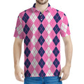 Pink White And Blue Argyle Pattern Print Men's Polo Shirt