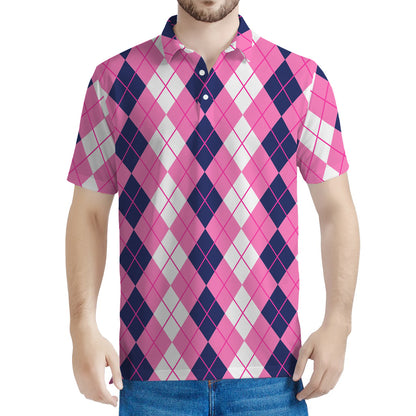 Pink White And Blue Argyle Pattern Print Men's Polo Shirt