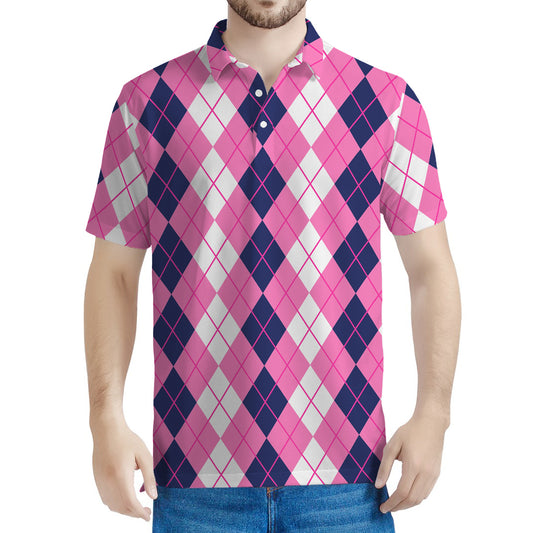 Pink White And Blue Argyle Pattern Print Men's Polo Shirt
