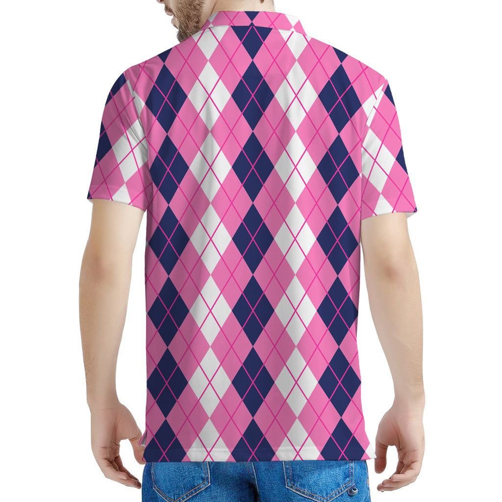 Pink White And Blue Argyle Pattern Print Men's Polo Shirt