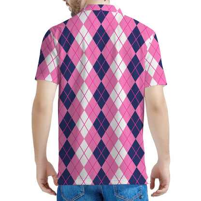 Pink White And Blue Argyle Pattern Print Men's Polo Shirt