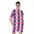 Pink White And Blue Argyle Pattern Print Men's Romper