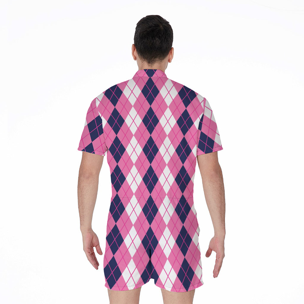 Pink White And Blue Argyle Pattern Print Men's Rompers