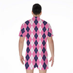 Pink White And Blue Argyle Pattern Print Men's Rompers