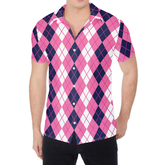 Pink White And Blue Argyle Pattern Print Men's Shirt