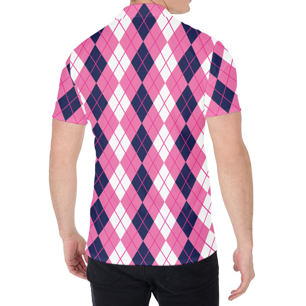 Pink White And Blue Argyle Pattern Print Men's Shirt