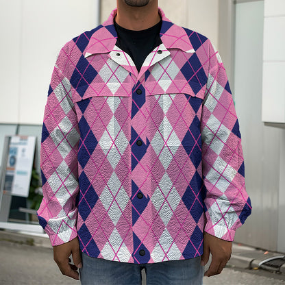 Pink White And Blue Argyle Pattern Print Men's Shirt Jacket