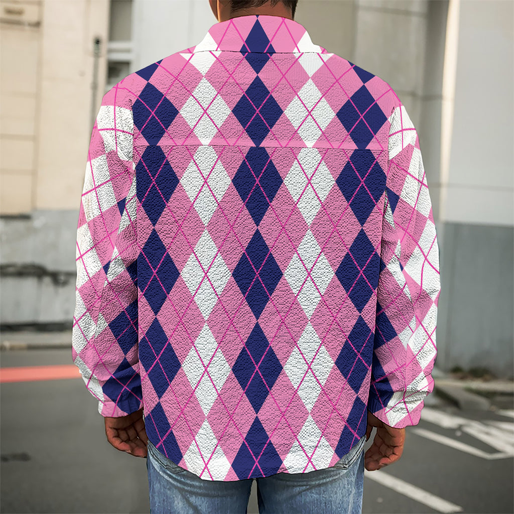 Pink White And Blue Argyle Pattern Print Men's Shirt Jacket