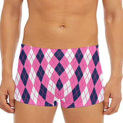 Pink White And Blue Argyle Pattern Print Men's Short Boxer Briefs