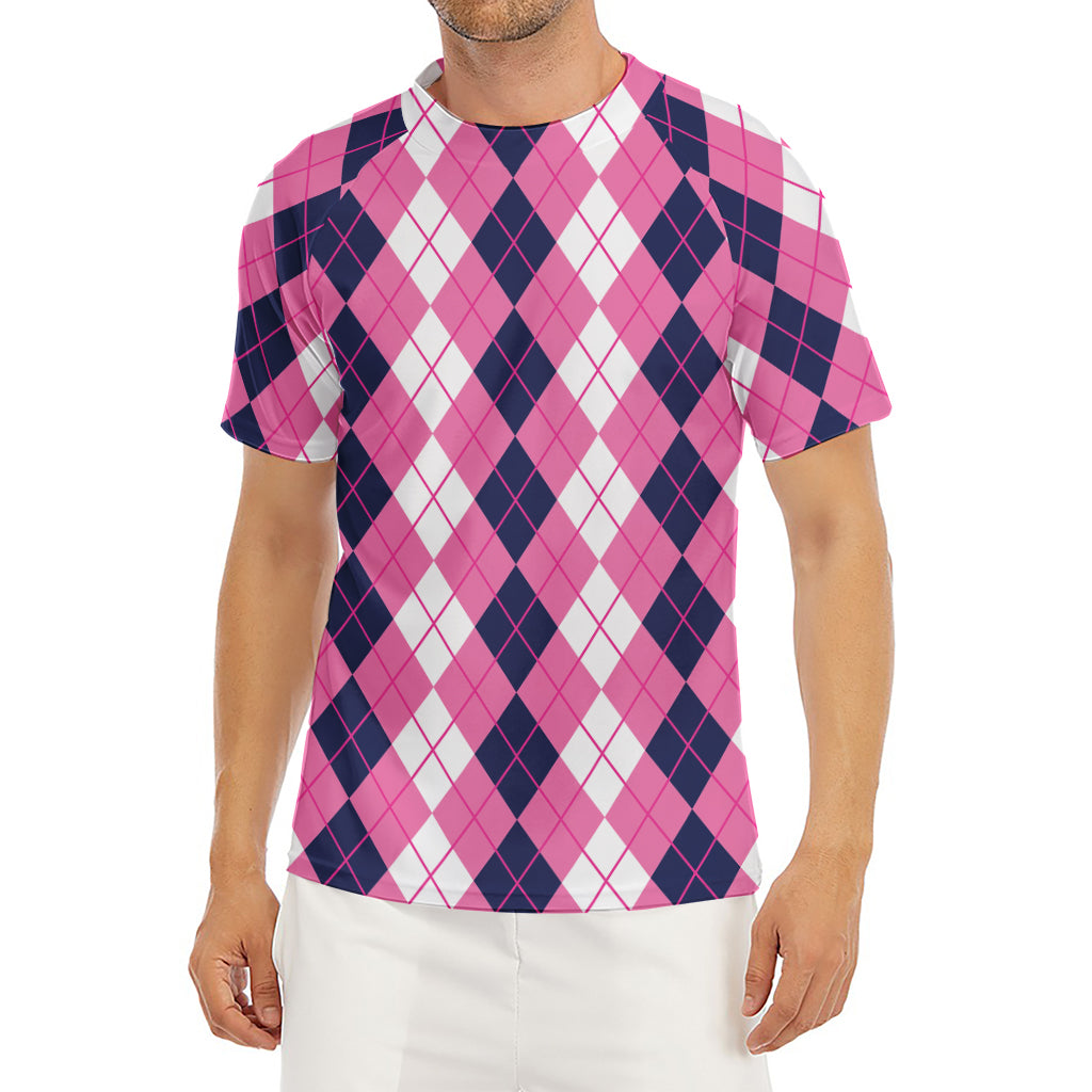 Pink White And Blue Argyle Pattern Print Men's Short Sleeve Rash Guard