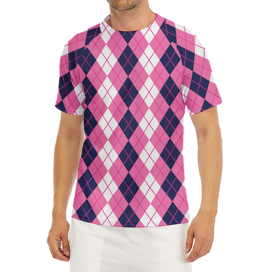 Pink White And Blue Argyle Pattern Print Men's Short Sleeve Rash Guard