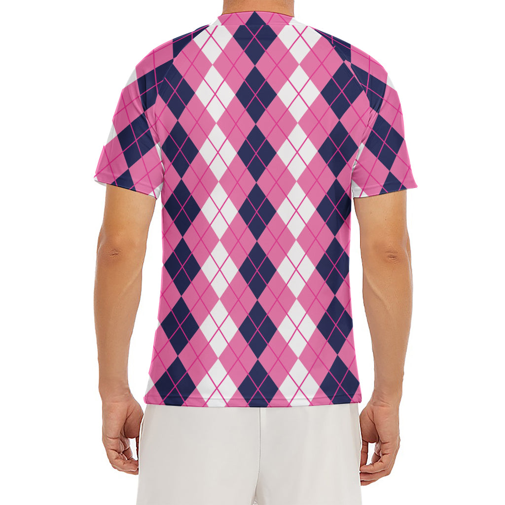 Pink White And Blue Argyle Pattern Print Men's Short Sleeve Rash Guard