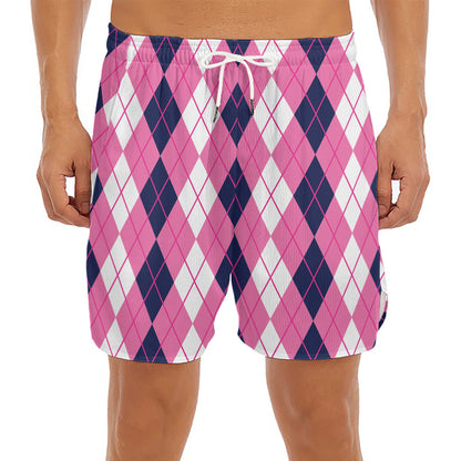 Pink White And Blue Argyle Pattern Print Men's Split Running Shorts