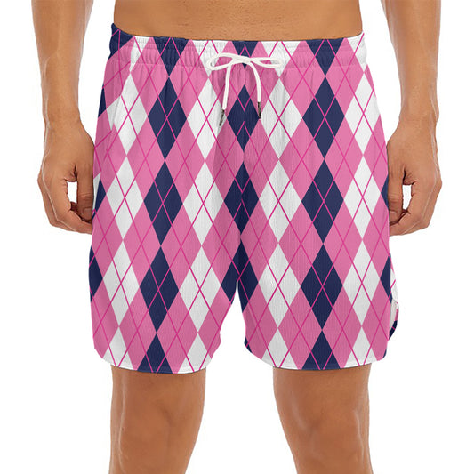 Pink White And Blue Argyle Pattern Print Men's Split Running Shorts