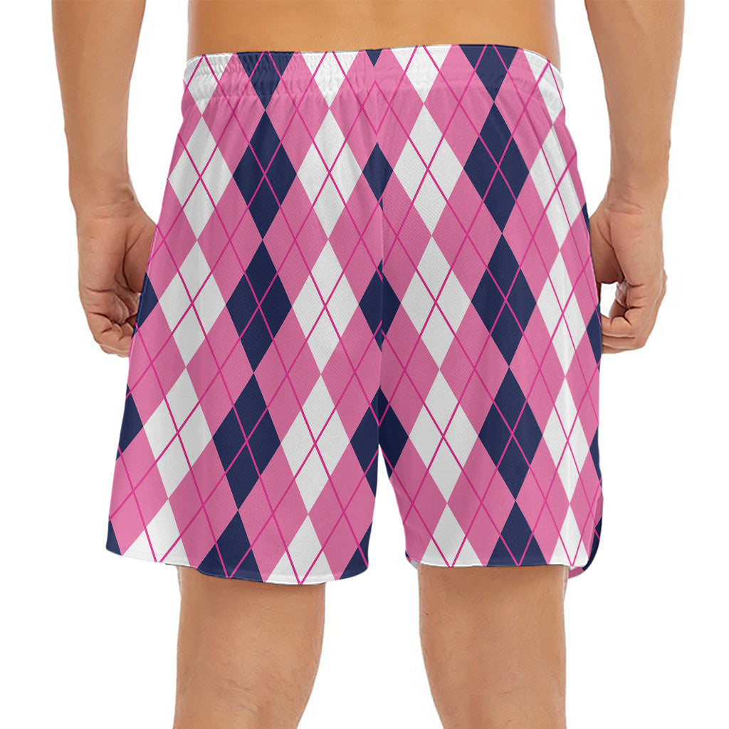 Pink White And Blue Argyle Pattern Print Men's Split Running Shorts