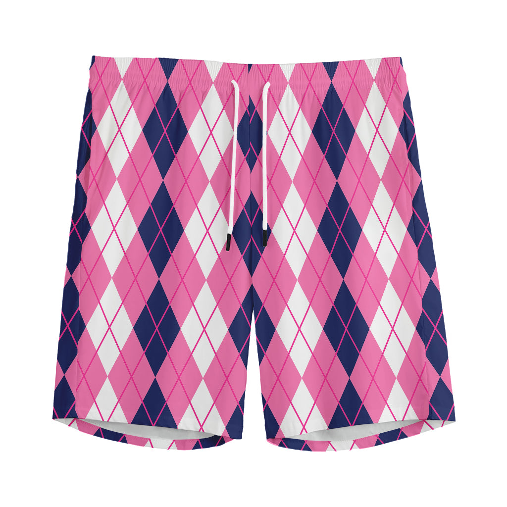 Pink White And Blue Argyle Pattern Print Men's Sports Shorts