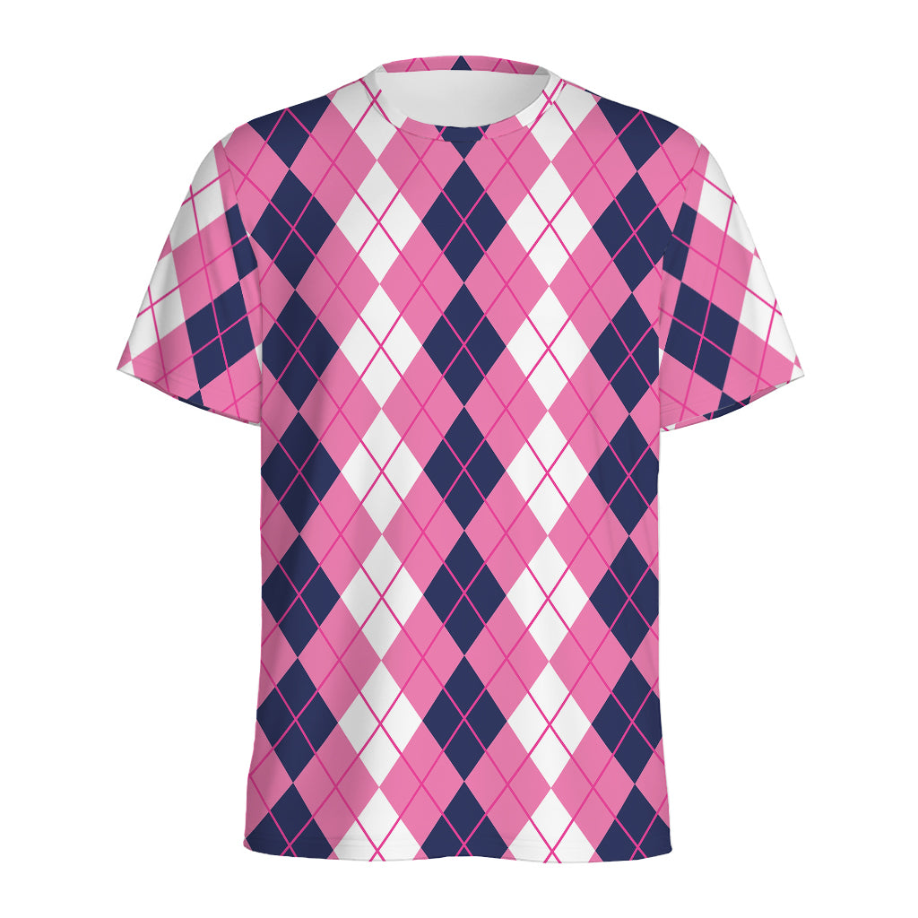 Pink White And Blue Argyle Pattern Print Men's Sports T-Shirt