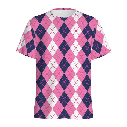 Pink White And Blue Argyle Pattern Print Men's Sports T-Shirt