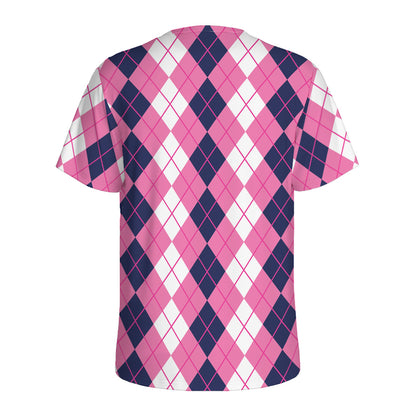 Pink White And Blue Argyle Pattern Print Men's Sports T-Shirt