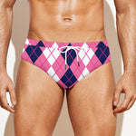Pink White And Blue Argyle Pattern Print Men's Swim Briefs